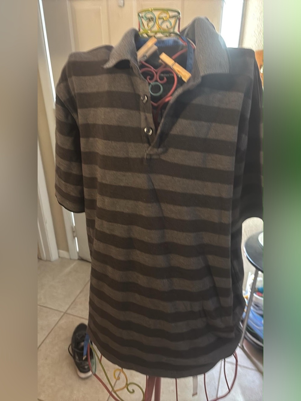Claiborne Black & Gray Striped Polo Shirt